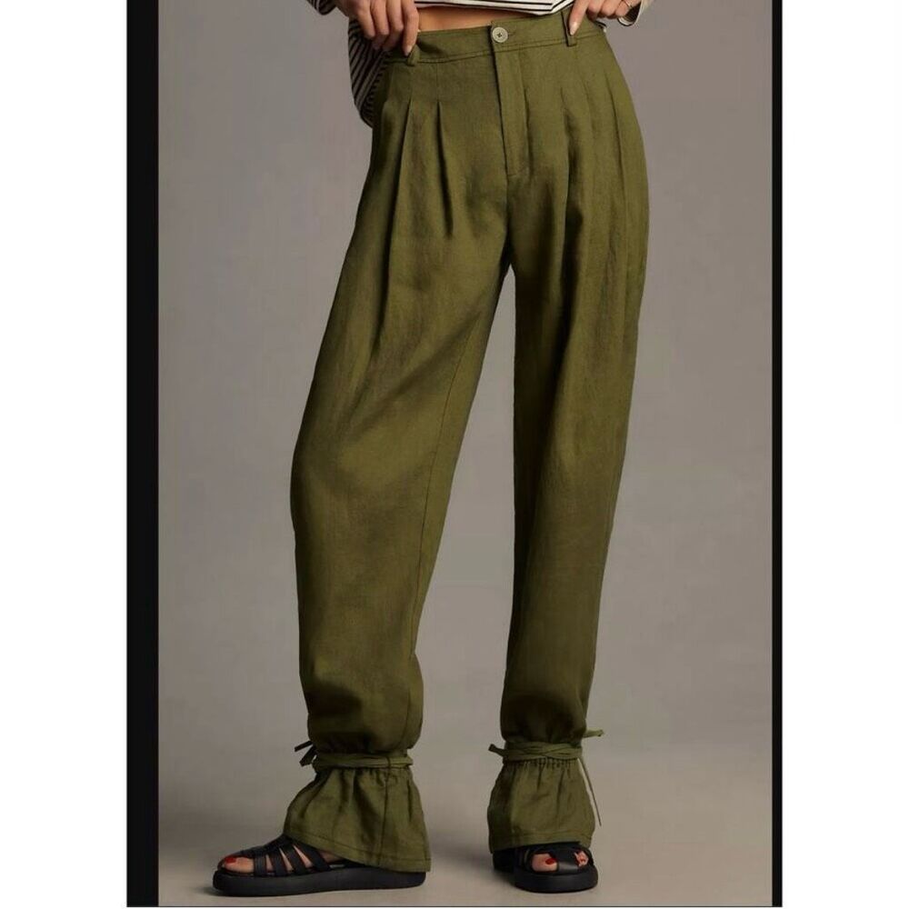 Anthropologie Ankle-Tie bell bottom 100% linen‎ pants Size 0 green - Picture 2 of 14